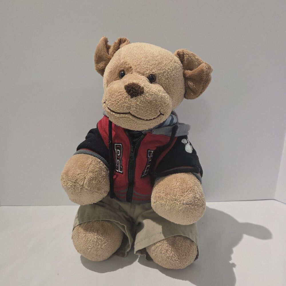 Retired Build A Bear Brown Dog Eye Patch With Outfit Bear Hugs Jacket Tan Shorts